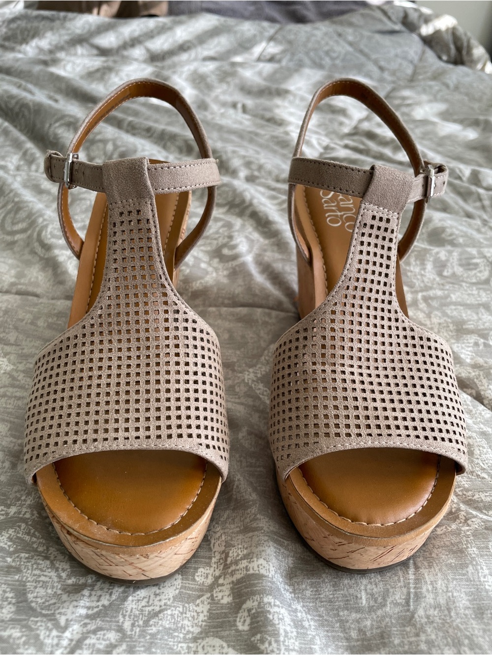 Franco Sarto Beige Perforated T-Strap Cork Wedge Sandals